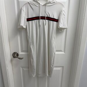 White Hooded T-Shirt Dress with Black and Red Stripe